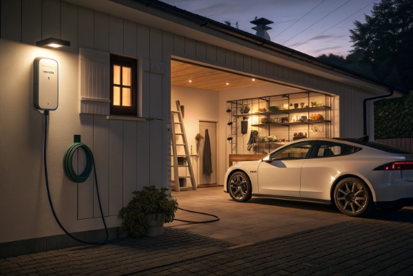 A home garage with a wall-mounted AC charger showing convenient overnight EV charging.