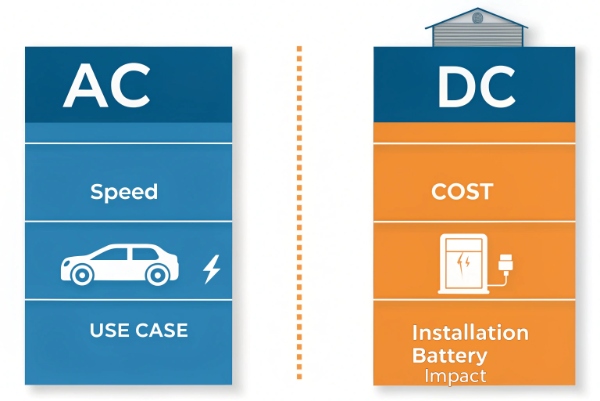 Side-by-side infographic showing the key differences between AC and DC charging systems.