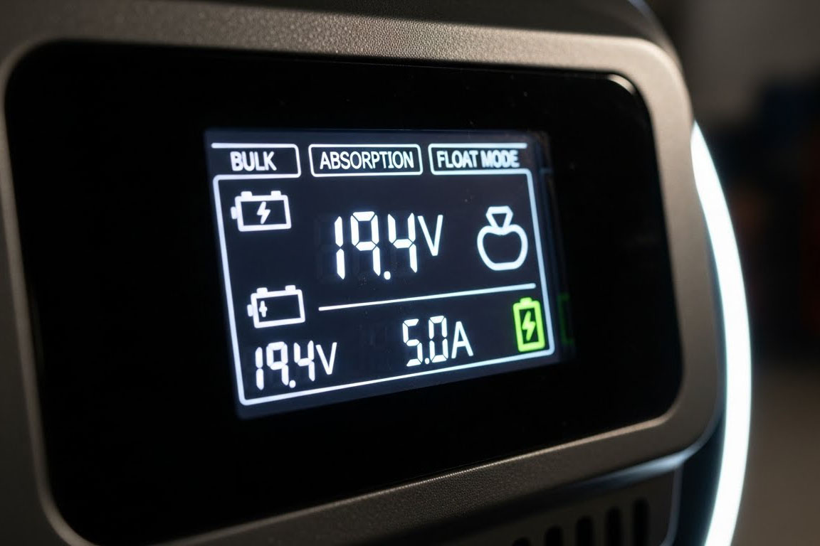 Digital display of a smart car battery charger showing automatic multi-stage charging modes.