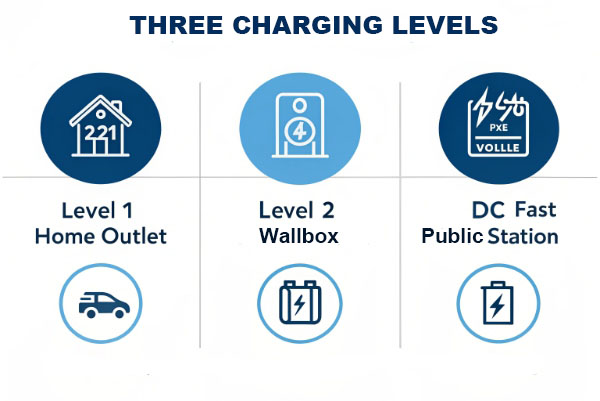 Visual guide comparing Level 1, Level 2, and DC Fast charging speeds and setups.