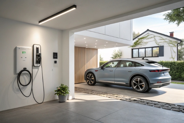 A typical Level 2 wallbox installed in a modern home garage.