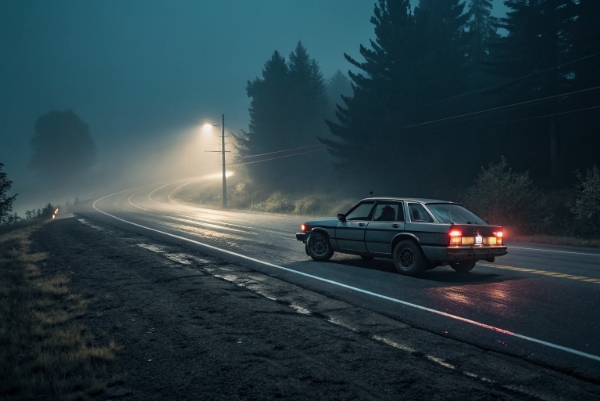 Close-up of a dark highway at night with a stranded car, low tire visibly flat, emergency lights on, lonely and stressful atmosphere.