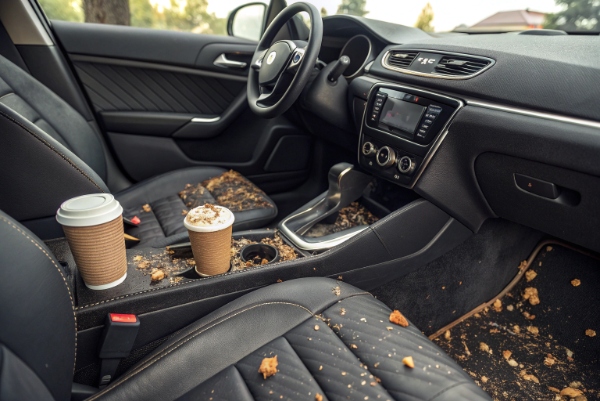 Close-up of a dirty car interior full of visible crumbs, pet hair, coffee stains, and dust in seats, floor mats, and crevices — realistic and messy.