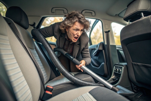A frustrated person awkwardly trying to use a big, bulky household vacuum cleaner inside a small car, cord tangled, hard to reach under seats.