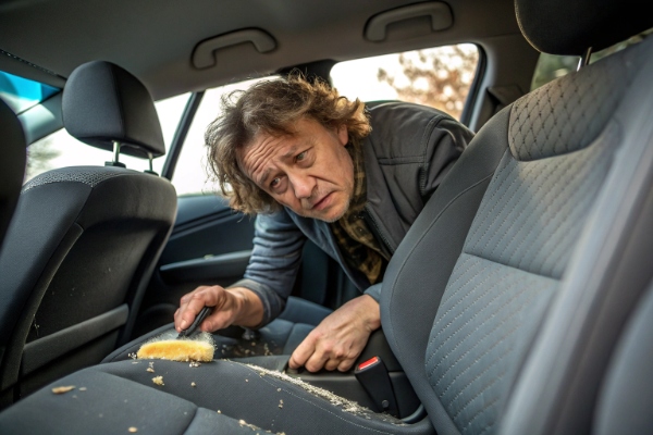 Frustrated person awkwardly trying to clean car interior with cloth and brush, reaching under seats, looking tired and ineffective.