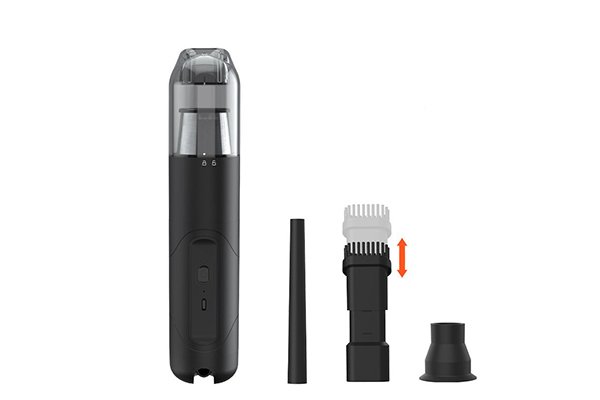 Car vacuum with multiple attachments (crevice tool, brush, flexible hose, upholstery nozzle) spread out neatly beside the main unit.