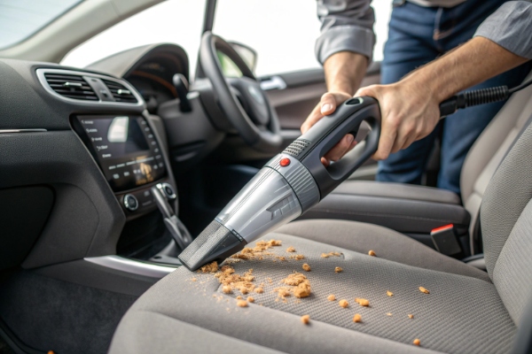 Person using a handheld car vacuum to clean pet hair and crumbs from seat, showing effective suction and attachments.