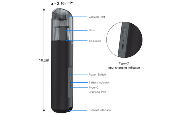 Close-up of a car vacuum cleaner control panel / display showing suction power (Pa/AW), battery percentage, and mode indicators.