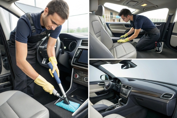 Person cleaning car interior top-to-bottom: first dashboard, then seats, then floor, using correct attachments.