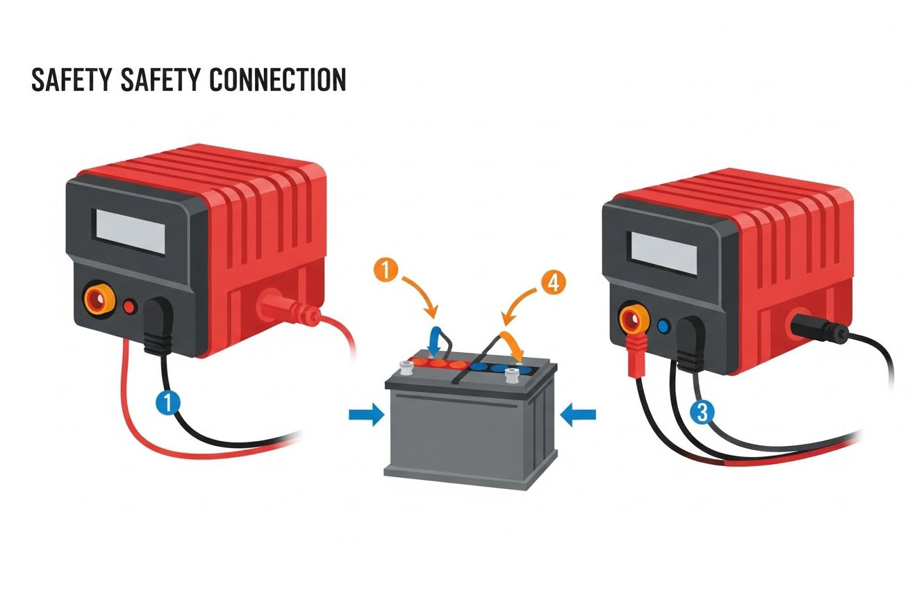 Step-by-step visual guide for safely connecting a car battery charger to avoid sparks and damage.