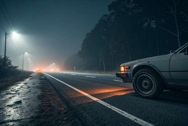 Dramatic night scene of a stranded car on a dark, empty highway with one tire visibly flat, hazard lights flashing, foggy and lonely atmosphere.