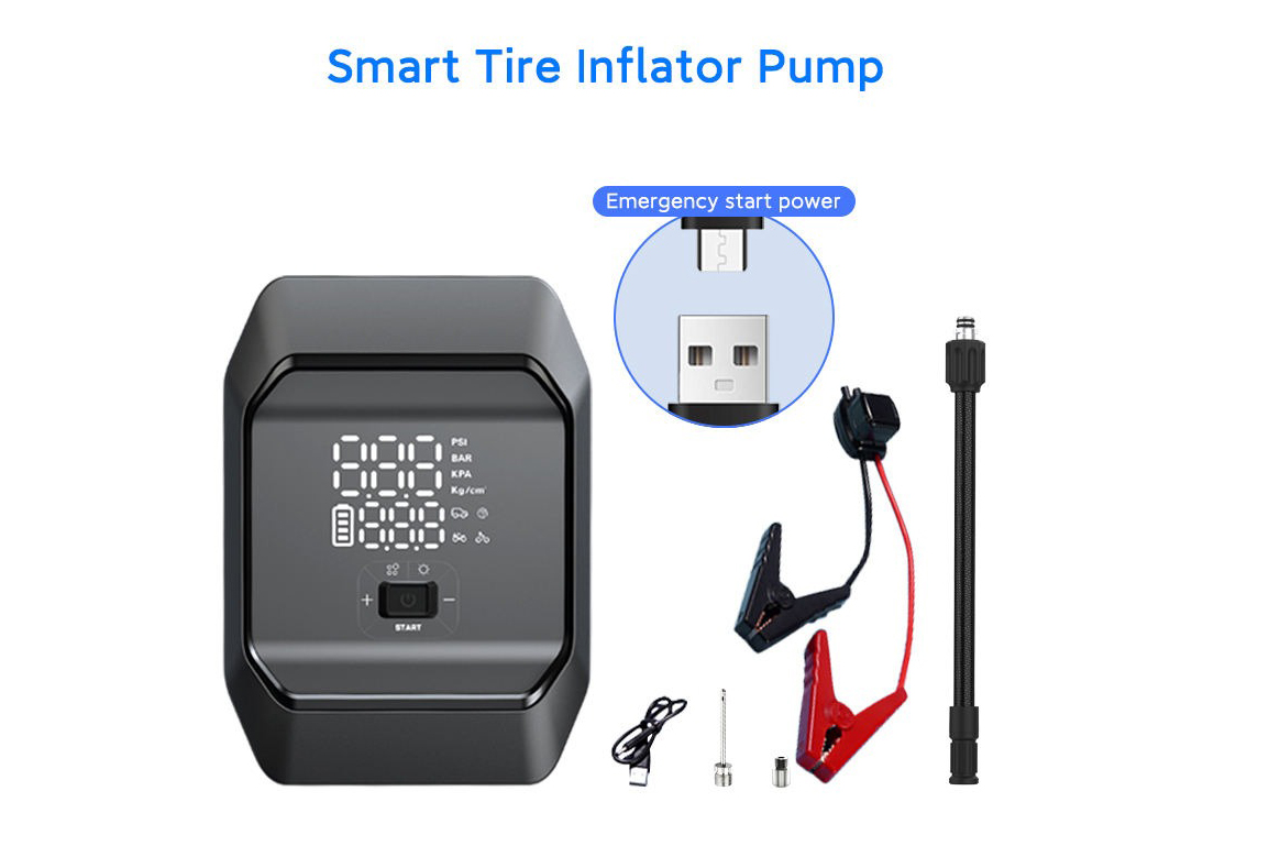 Clean product shot of a compact portable car air pump (cordless or 12V) on white background, showing digital gauge, LED light, nozzles, and compact size.
