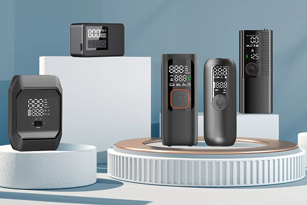 Clean product shot of four different portable air pumps side by side: corded 12V, cordless battery, hybrid, and mini model.