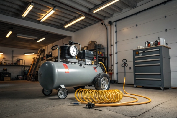 Large workshop-style air compressor with big tank, wheels, long hose, and pressure gauge, placed in a garage setting.
