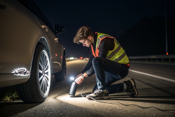 Lifestyle shot of a person inflating a car tire at night using a portable air pump with bright LED light illuminating the valve.