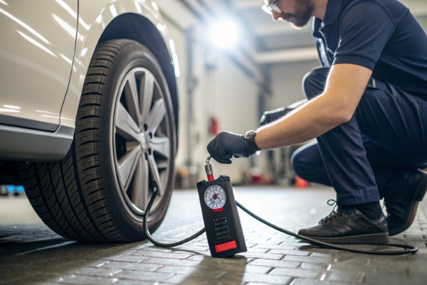 Person safely using a portable air pump, wearing gloves, in a well-ventilated area, showing correct connection and monitoring gauge.