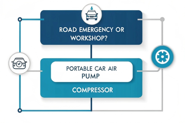 Flowchart or decision tree graphic helping user choose between portable, regular, or hybrid based on use case (road, workshop, storage).