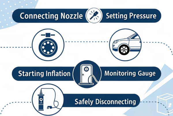 Step-by-step infographic style showing correct connection sequence: clamp to valve, set PSI, start inflation, monitor, disconnect.