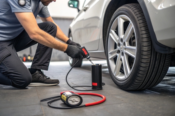Person safely using portable air pump on tire, showing correct connection, wearing gloves, in well-ventilated area, with safety icons.