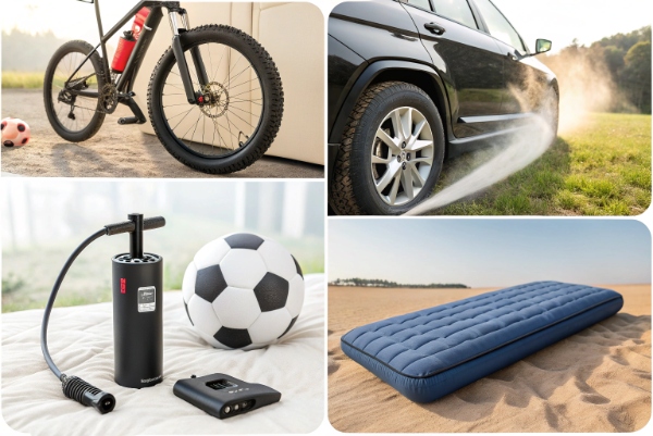 Collage showing one portable air pump inflating a bike tire, soccer ball, air mattress, and blowing dust from car dashboard.