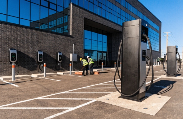 Wide view of a commercial parking lot with multiple Level 2 wallboxes and DC fast charging stations being installed or in use