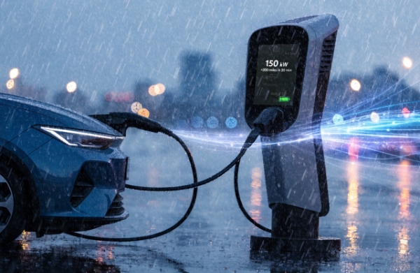 Dynamic scene of a Level 3 DC fast charger actively charging an electric vehicle at a commercial or highway station