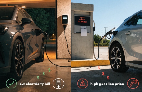 Side-by-side visual comparison of an EV plugged into a home charger versus a traditional gasoline pump nozzle, highlighting cost savings