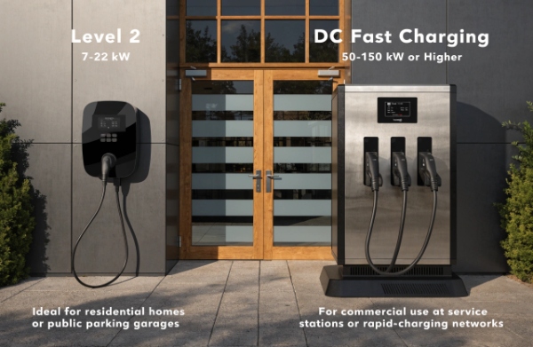Side-by-side comparison of a compact Level 2 wallbox charger versus a large DC fast charging cabinet for commercial use
