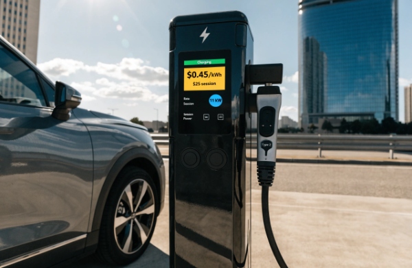 Realistic public EV charging station with digital screen clearly showing per kWh rates and session pricing