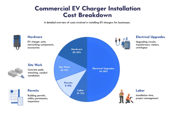Infographic-style breakdown showing the main cost components of commercial EV charger installation: hardware, electrical upgrades, permits, labor, etc.