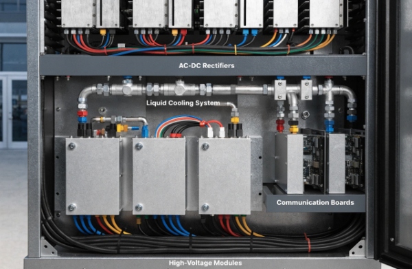 Cutaway or interior view of a Level 3 DC fast charger cabinet revealing power electronics, cooling systems, and components