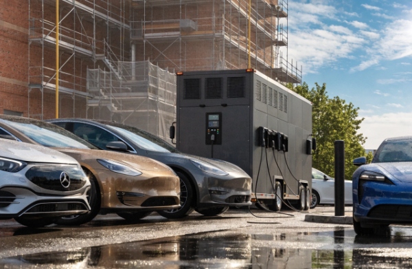 Mobile EV charging trailer or battery-powered unit deployed at a temporary site or event