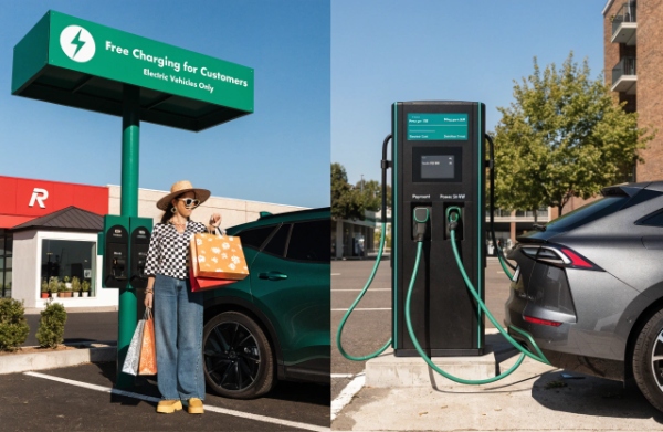 EV charging sign at a shopping mall parking lot showing free charging versus typical paid public stations