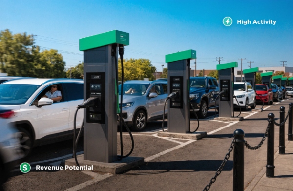 Busy commercial scene showing multiple EVs charging at Level 3 stations with high traffic and revenue benefits