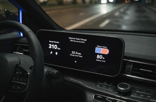 Modern EV dashboard clearly displaying 80% battery charge level with optimal daily use recommendation