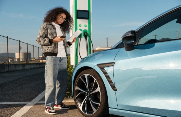 New EV driver looking confused and overwhelmed at a public charging station for the first time