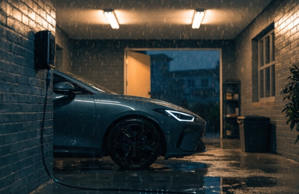 Modern home garage with a clean, professional Level 2 EV wall charger installed, car charging overnight
