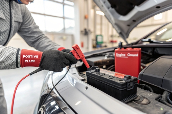 Person safely connecting a car battery charger with correct positive and negative clamps