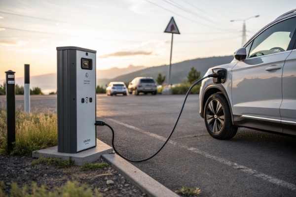 Portable EV charger plugged into a standard outdoor or roadside outlet, charging an electric car