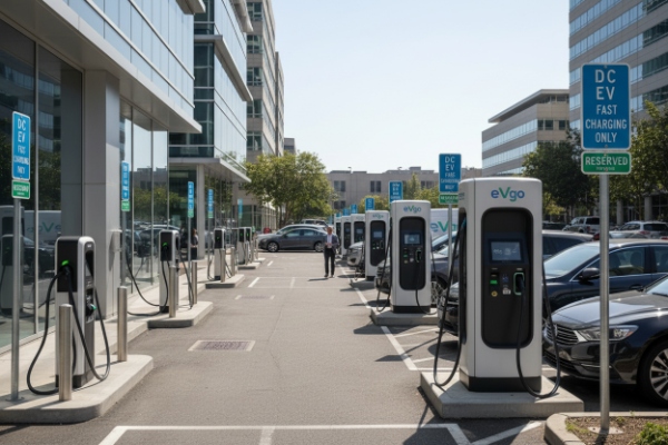 Busy commercial parking lot with multiple Level 2 and DC fast EV chargers in use during daytime