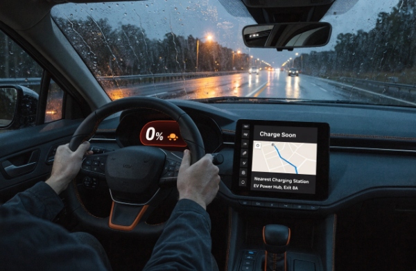 Electric car dashboard showing low battery warning and "turtle mode" alert during driving