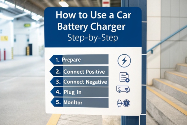 Clear step-by-step illustration or visual guide showing how to use a car battery charger safely