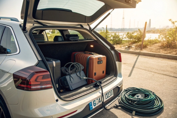 Portable EV charger packed in a car trunk next to luggage, showing easy travel and mobility