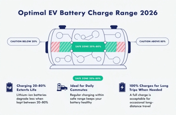 Graphic showing recommended daily EV battery charge range (20%-80%) for optimal long-term health