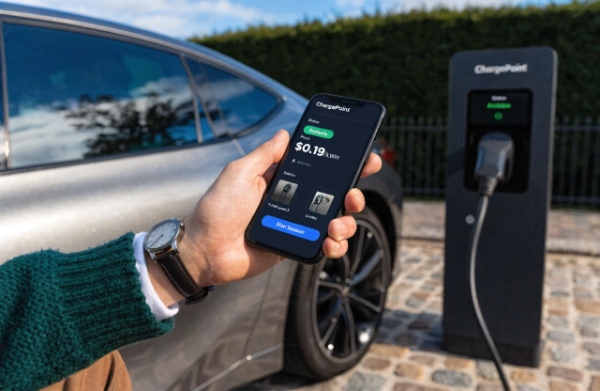 EV driver using smartphone app to check station availability, pricing, and start charging session