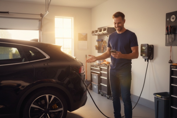 Happy EV owner enjoying the convenience and savings of home charging