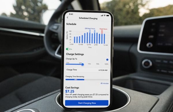Smartphone app screen showing smart scheduled EV charging set to stop at 80% during off-peak hours