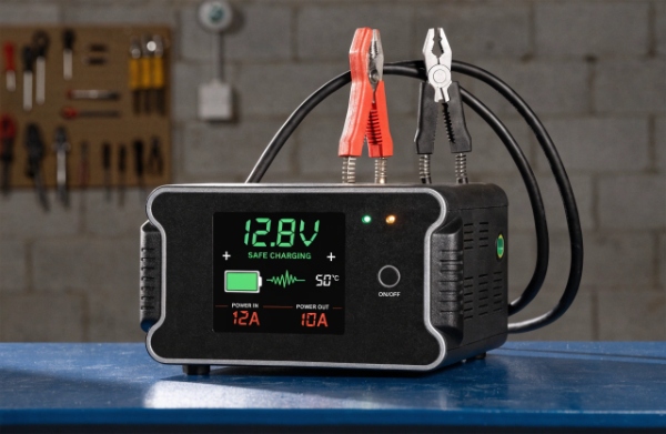 Modern smart car battery charger with LCD display showing safe overnight charging features and protections