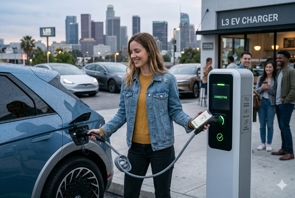 Happy EV driver simply plugging in a charger with Plug-and-Charge, no app or card needed, seamless experience