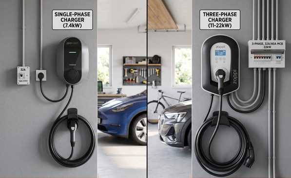 Side-by-side comparison of single-phase and three-phase home EV chargers